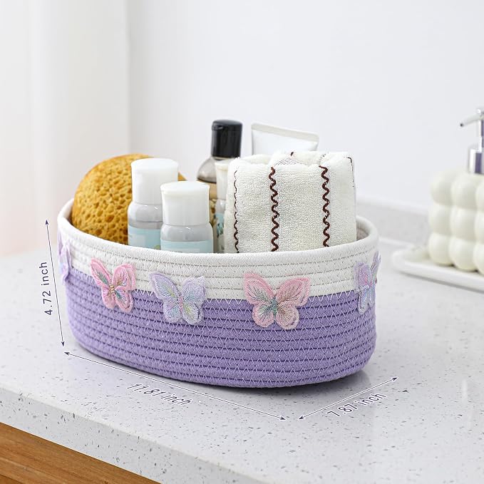 Geelin 3 Pcs Purple Baskets for Gift Cute Butterfly Woven Rope Gift Baskets Rectangle Shelf Organizer Laundry Hamper Storage Bins for Closet Bedroom Decor Nursery Toys Organizing, 11.8''x7.8''x4.7'' - Image 2