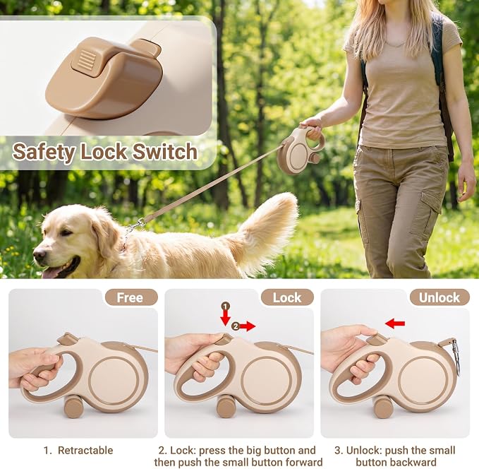 Segarty 26 Ft Walking Lead with Poop Bag Holder for Pet 66 lbs - 110 lbs, 360°Tangle-Free 8m Long Retractable Leash with Anti-Slip Handle One-Handed Brake Pause Lock, Heavy-Duty Leash for Dogs Outside - Image 4
