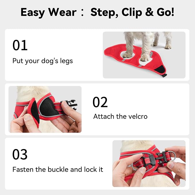 Joytale Step-in Dog Harness, Soft Breathable Mesh, Red M | Adjustable Fit for Small Dogs, Easy Step-in with Secure Fastener, Even Chest Pressure, Reflective For Night Safety, Washable - Image 3