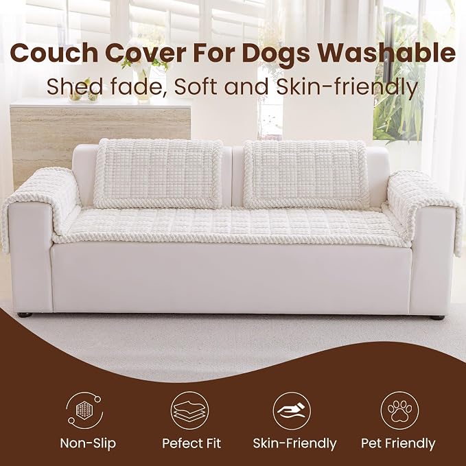 Couch Cover for Dogs Washable, Non Slip Couch Covers for 3-4 Cushion Sofa Pet Friendly, Fuzzy Pet Couch Cushion Covers for Dog,Thick,Soft for Sofa Protector (White, 27.6" x 82.7"/70 x 210cm) - Image 2