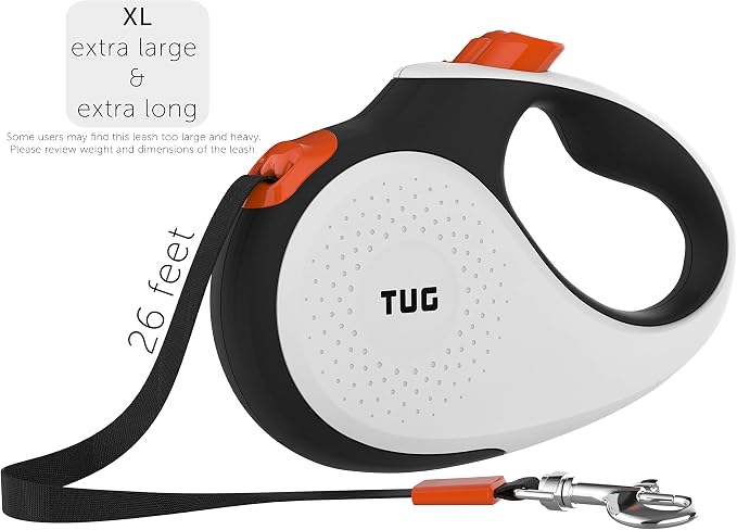 TUG XL Retractable Dog Leash, 26 ft (Extra Large, White/Orange) | 360° Tangle-Free Retraction, 26 ft Tape, Quick Thumb Lock, Anti-Slip Handle, For Dogs Under 110 lbs - Image 2