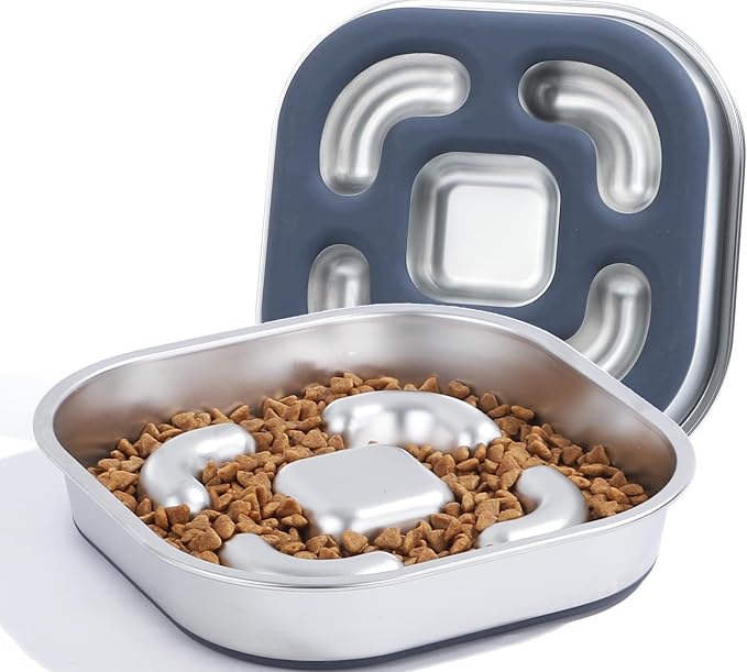 Nicelock Slow Feeder Dog Bowls 304 Stainless Steel 5 Cups, Large Capacity Dog Food Slow Feeding With Non-Slip Rubber Base, 2-in-1 Slow Feeder Metal Dog Bowl for All Breeds Size by Nicelock