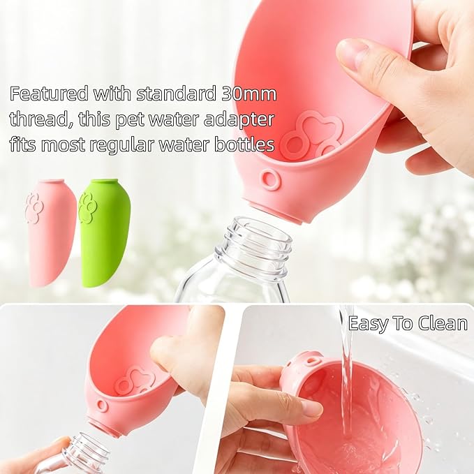 2PCS Portable Dog Water Bottle Attachment, Silicon Slip-On Pet Water Bowl, Foldable Leak Proof Dog Drink Dispenser Adapter for Outdoor Walking Hiking Travel (Green+Pink) - Image 4