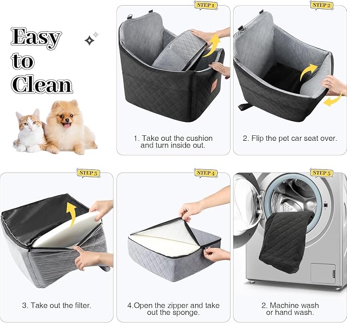 Dog Car Seat for Small Medium Dogs,Detachable Washable Dog Booster Seat Under 35lbs, Pet Car Seat Travel Bed with Storage Pockets and Safety Belt (Black/Grey, Medium) - Image 5