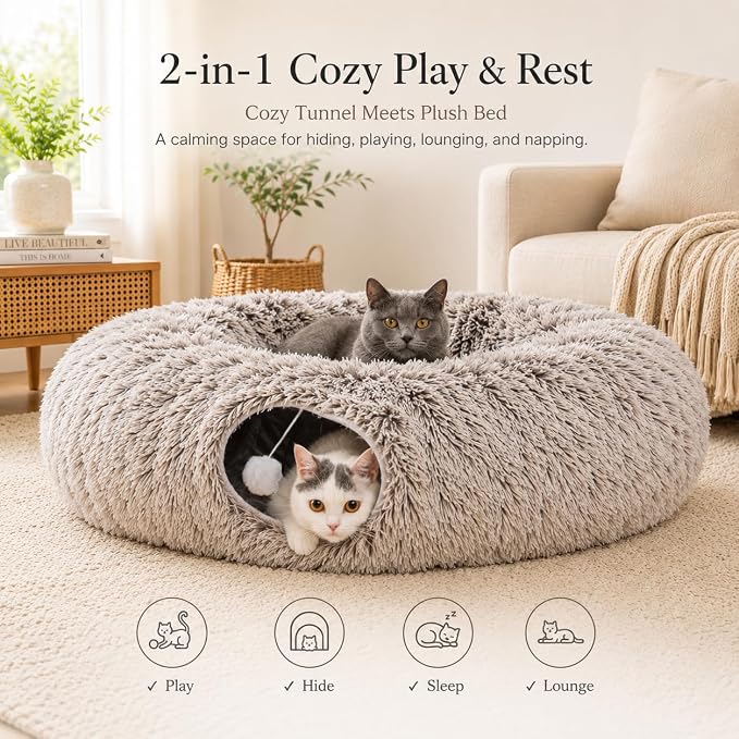 Warm Fluffy Plush Cat Tunnel Bed Under Christmas Tree Big Tube Playground Toys 3 FT Diameter Longer Crinkle Collapsible 3 Way, for Indoor Cat Kitty Kitten Puppy Rabbit Ferret Brown - Image 2