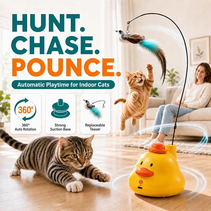 YWK Interactive Cat Toys for Indoor Cats, 360° Automatic Flying Bird Wand, Bird Sound & 2 Speeds, Touch Restart, USB-C Rechargeable Self-Play Toy with Suction Base, Bird & Feather Attachments - Image 5