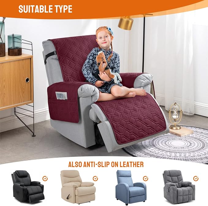 VANSOFY 100% Waterproof Recliner Chair Covers Washable, Burgundy, 28" | Non-Slip, Slipcover with Pocket, Furniture Protector, Elastic Straps, Chair Cover for Pets, Dogs - Image 5