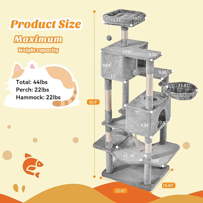 DUMOS Large 66 Inch Cat Tree Tower with Scratching Posts, Indoor Use | Tall Multi Level Cat Climbing Tower with Hammock, Pet Condo for Cats and Kittens Play, Light Gray - Image 2