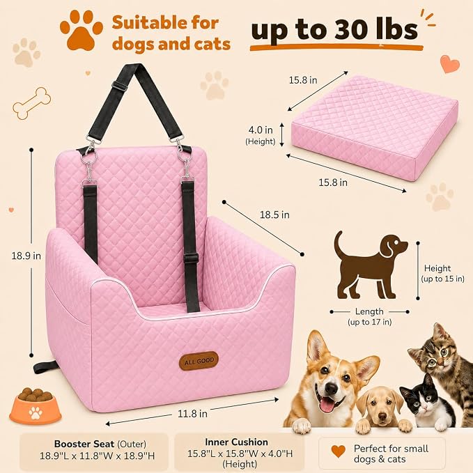 ALL GOOD PET SUPPLIES Dog Car Seat for Small/Medium Dogs Under 35lbs | Soft Memory Foam Booster Car Seat with Detachable Washable Cover and Elevated Cushion, Puppy Dog Car Bed - Image 4