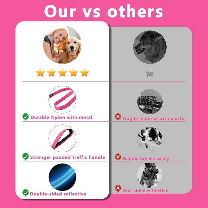 Dog Leash 5ft Long,Double Handle Dog Leash for Control Training | Heavy Duty Dog Leads with Traffic Padded Handles, Reflective Leashes for Small Medium Large Dogs(5ft, Hotpink) - Image 6