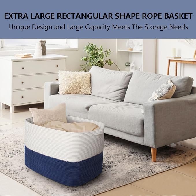 MEGASKET 108L Super Large Blanket Basket, 25" x 16" x 16" Jumbo Rectangle Basket for Blankets Living Room, Woven Cotton Rope Pillow Holder Organizer, Oversized Kids Dog Toy Storage Bin Box, Dark Blue - Image 4