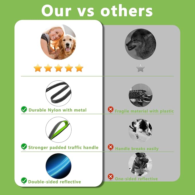 Dog Leash 6ft Long,Double Handle Dog Leash for Control Training | Heavy Duty Dog Leads with Traffic Padded Handles, Reflective Leashes for Small Medium Large Dogs(6ft, Black Green) - Image 6