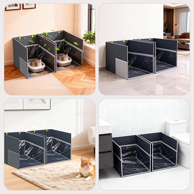 Aokeyee 2PCS Cat Litter Box Enclosure Splash Guard, Gray Waterproof | 27.16x21.65x16.53, Removable PVC Mat with 2 Hooks, Foldable Anti-Leakage Dust Control - Image 2