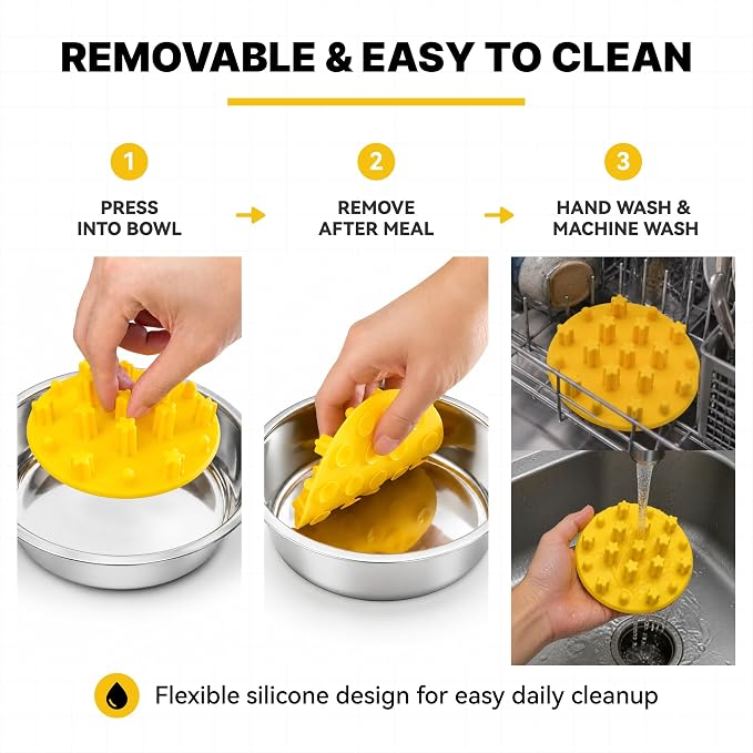 Slow Feeder Insert for Cat and Dog Bowls, Medium 4.8 Inch, Yellow | Soft Silicone with 19 Suction Cups, Removable for Easy Cleaning and Best on Smooth, Flat-Bottom Surfaces - Image 7