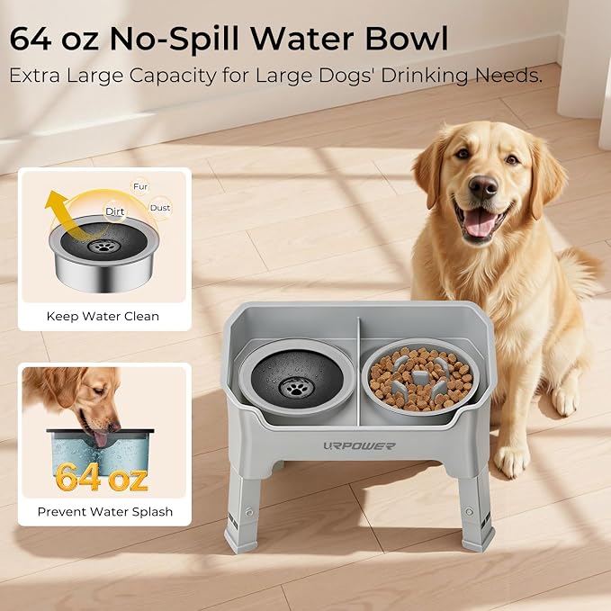 URPOWER Mess Proof Elevated Dog Bowls 4 Height Adjustable Raised Stand | No Spill Water Bowl, Slow Feeder Dog Bowls, Non-Slip Food and Water Bowl Set for Small, Medium & Large Dogs - Image 2