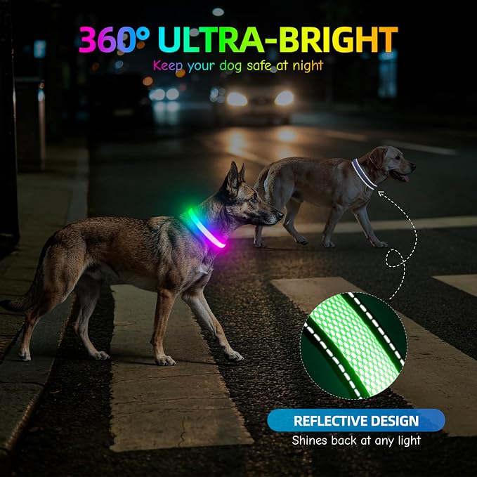 Flashseen Multicolor LED Light Up Dog Collar, RGB 9-Mode, USB Rechargable | Super Bright Lighted Dog Collar, Adjustable Soft Mesh, Glow Collar for Dog Night Walking (White, M) - Image 4