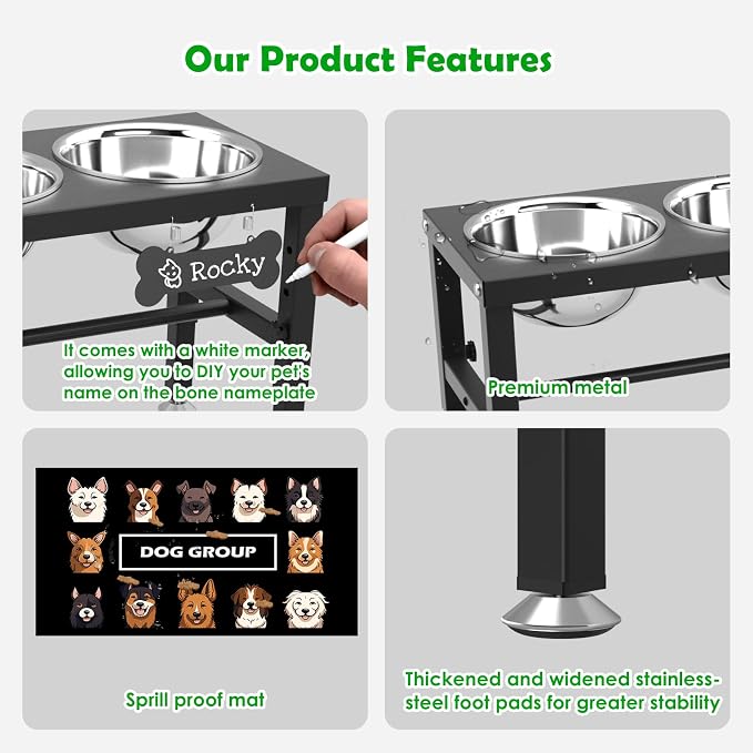 SHAINFUN Adjustable Height Dog Bowl Stand with 4 Bowls for Multi-Dog Homes– Elevated Dog Bowls for Large Breeds with Anti-Slip Mat, Raised Feeding Station with Stainless Steel Bowls - Image 5