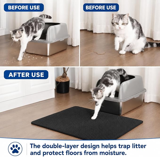 Cat Litter Mat 24 x 18 Inch, Double-Layer Honeycomb Litter Trapping Mat with Waterproof Leatherette Bottom, Urine-Resistant, Non-Slip, Easy to Clean, （Black） - Image 4