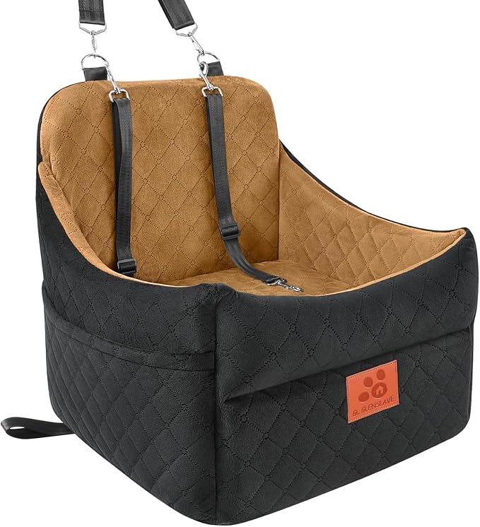 GL GLENSLAVE Dog Car Seat for Small/Medium Dogs, Dog Booster Car Seats with Thick Cushion for Dogs Under 35lbs, Detachable Washable Pet Carseat with Storage Pockets, 2 Safety Belts(Black/Coffee) by GLGLENSLAVE
