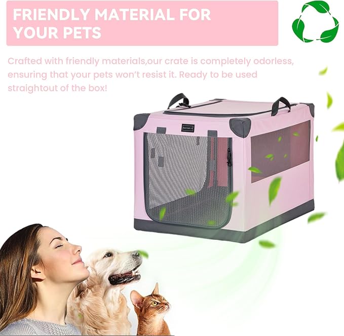 PETSFIT 30" Soft Portable Dog Crate – Patented Spiral Sturdy Frame, Collapsible Travel Kennel for Medium Dogs, 3 Mesh Door, Lockable Zippers, Indoor & Car Use Pink - Image 8