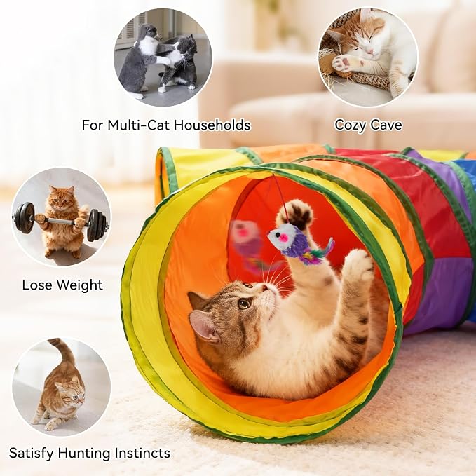 Joytale Cat Tunnel for Multiple Cats, 5-Way Indoor Tube Toy to Chase & Hide | Bell ball & Toy Mouse Included; Peekaboo Hole; Pops Open & Folds Into Zip Bag; Fits Cats to ~12 lb; Kittens & Rabbits Too - Image 3