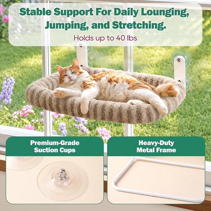 Zakkart Mellow Foldable Cat Window Perch, Upgraded Suction Cups (Brown, M) | Curtain-Friendly, Dual-Fabric Striped Machine Washable Bed, Heavy Duty ABS & Metal Frame, Hold up to 40 lbs., 22.8"W x 15.5"D - Image 5