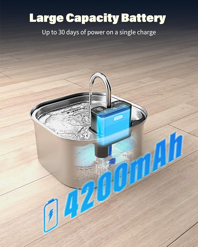 Lawfery 3.2L/108oz Wireless Stainless Steel Cat Water Fountain | Battery Operated Cordless Design with 3 Modes, Stainless Steel Pet Drinking Fountain for Cats and Small Dogs - Image 6