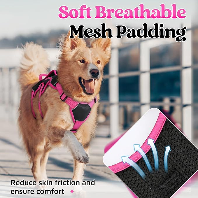 rabbitgoo Escape Proof Dog Harness for Large, No Pull with Lift Handle | No Escape, Full Soft Padded, Reflective Adjustable Vest, Leash Clip for Walking Hiking Training, Rose & Black, Large - Image 7