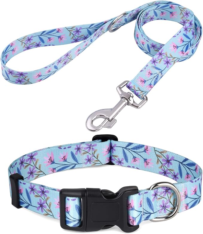 Mihqy Dog Collar and Leash Set, for Medium Dogs, Pink Purple Floral Set,M | with Floral Patterns, Adjustable for Small Medium Large Dogs, Comfortable for Walks and Outdoor Hikes by Mihqy