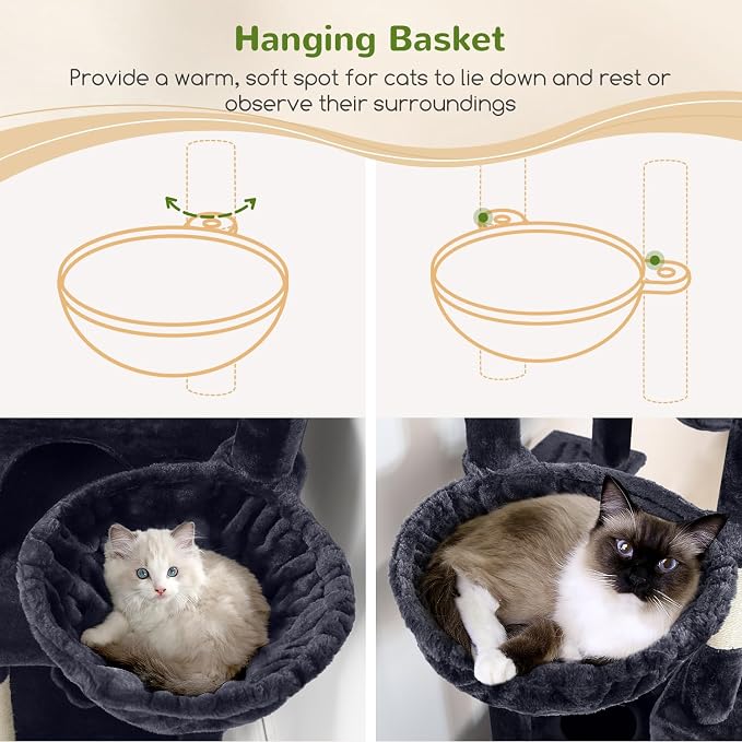 Globlazer Sturdy Cat Tree for Indoor Cats 20 lbs, S68, Dark Grey | 68-inch Large Cat Tower for Adult Big Cats, Heavy Duty Cat Tree with Extra Large Platform, 5 Scratching Post - Image 4