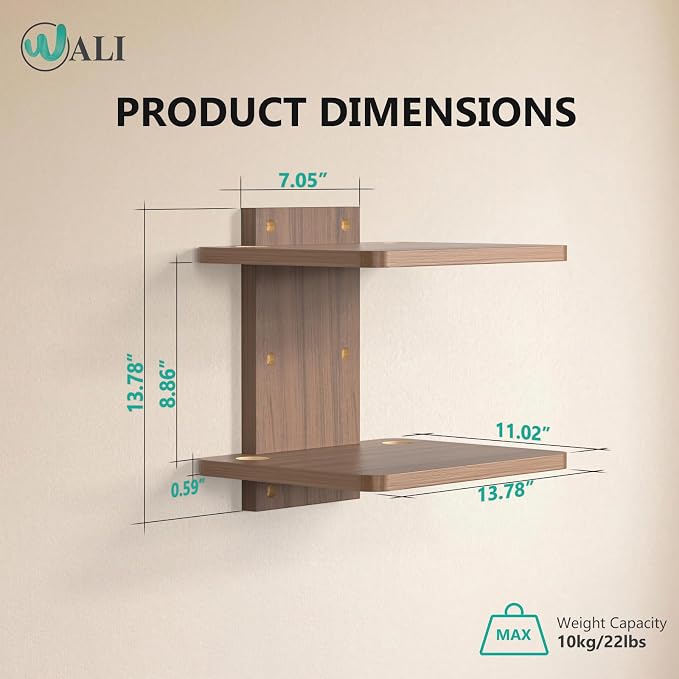 WALI Floating TV Shelf, 2 Tier Projector Shelf for DVD Players, Routers, Game Consoles, Cable Boxes, Living Room Decor Accessories, Wall Mount Shelves Holds Up to 22lbs (CS202N), 2-Shelf, Walnut Brown - Image 9