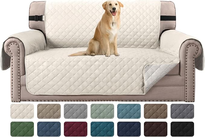 H.VERSAILTEX Sofa Protector for Dogs/Cats/Pets Sofa Covers Slipcover Quilted Couch Coveres Loveseat Covers with Non Slip Elastic Strap Water Resistant Seat Width: 46" (Loveseat, Ivory/Beige) by HVERSAILTEX