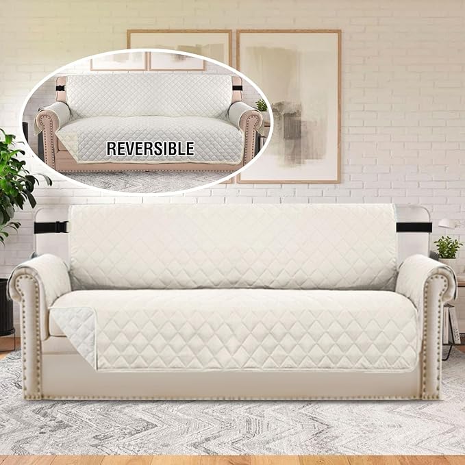 H.VERSAILTEX Reversible Couch Cover for 3 Cushion Cover Pet Friendly Sofa Cover for Dog Washable Furniture Protector Water Resistant Slipcover with Non Slip Elastic Strap(Sofa, Ivory/Beige) - Image 3