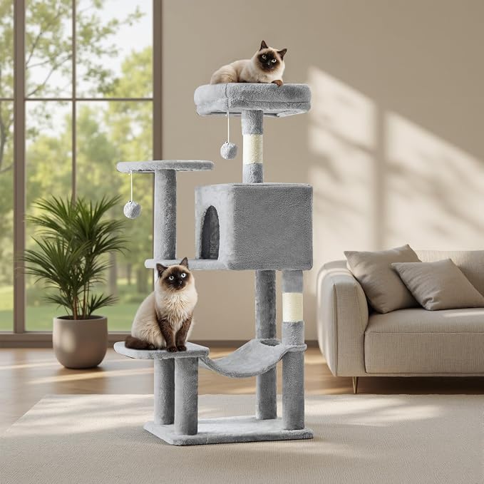 DUMOS 44 Inch Cat Tree Tower with Natural Sisal Scratching Posts | Small Cat Tree with Hammock, Pet Condo for Indoor Cats and Kittens Play, Light Grey - Image 7