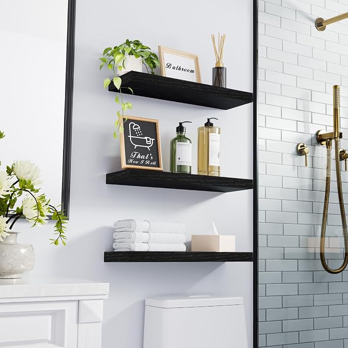 BAYKA Floating Shelves for Wall, Wall Mounted Rustic Wood Shelves for Bathroom, Bedroom, Living Room, Kitchen, Hanging Shelf for Books/Storage/Room Decor with 22lbs Capacity (Black, Set of 3, 15.7in) | Easy Install, Space Saving, Hidden Bracket, Wall S... - Image 4