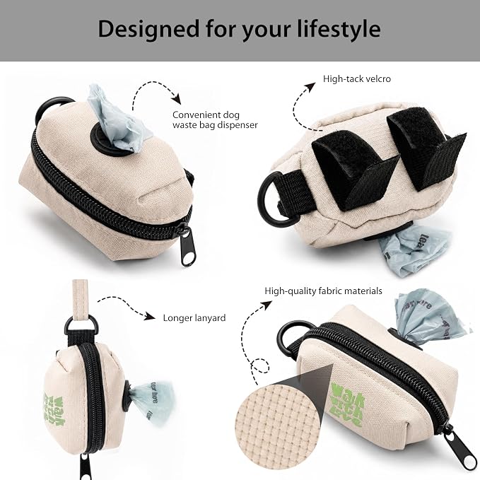 Dog Waste Bag Dispenser, Poop Bag Holders for Leashes, Beige | Soft Fabric Zipper Small Dog Puppy Pouch for Leash Accessory Attachment, Doggy Poop Bag Holder for Travel, Dog Walking, Park - Image 2