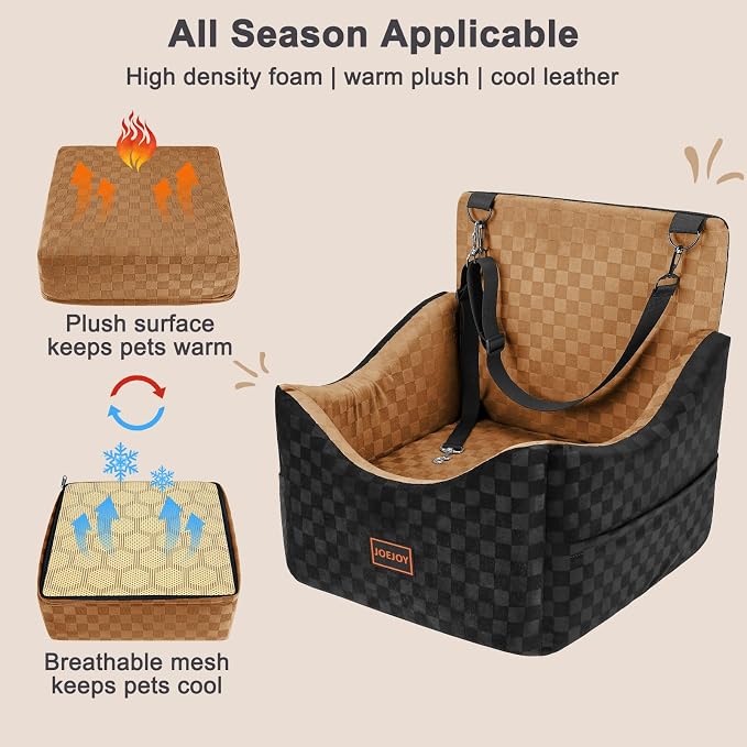 JOEJOY Elevated Dog Car Seat for Small/Medium Dogs up to 35 lbs, Memory Foam Booster Seat with Detachable Washable Cover, Travel-Safe Car Bed with Safety Belts & Storage Pockets, Brown - Image 6