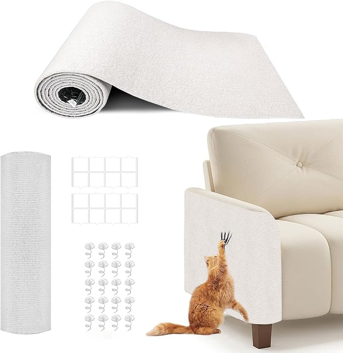 78.7"X15.8" Cat Scratching Mat, Self-Adhesive Cats Carpet, DIY Scratch Furniture Protector for Couch, Sofa, Wall & Doors, Durable Cat Scratch Guards Couch Cats Scratcher from Claw (Off White) by BumaiGo