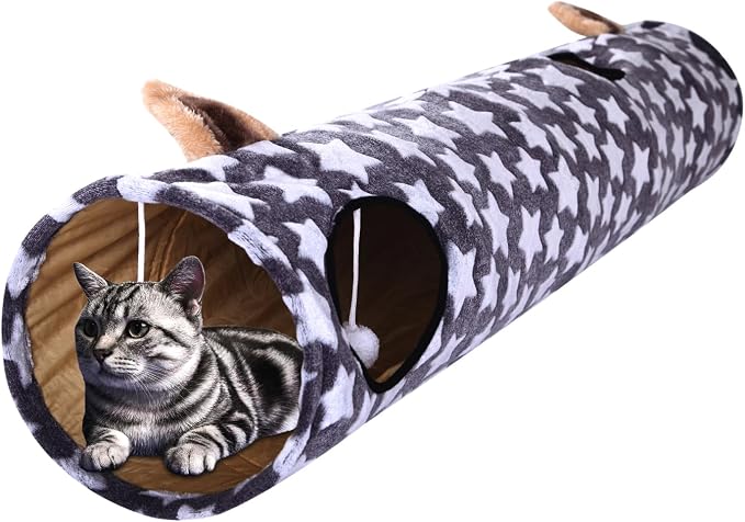 Cat Tunnel -Straight-Shaped, Gray Star Pattern, Soft Velvet Exterior, Oxford Fabric Fog-Proof Interior, Plush Toy Ball, Easily Washable, Conveniently Foldable, 47.2in/120cm by MAKEPETLUCKY-WelcometoCatTunnelClub