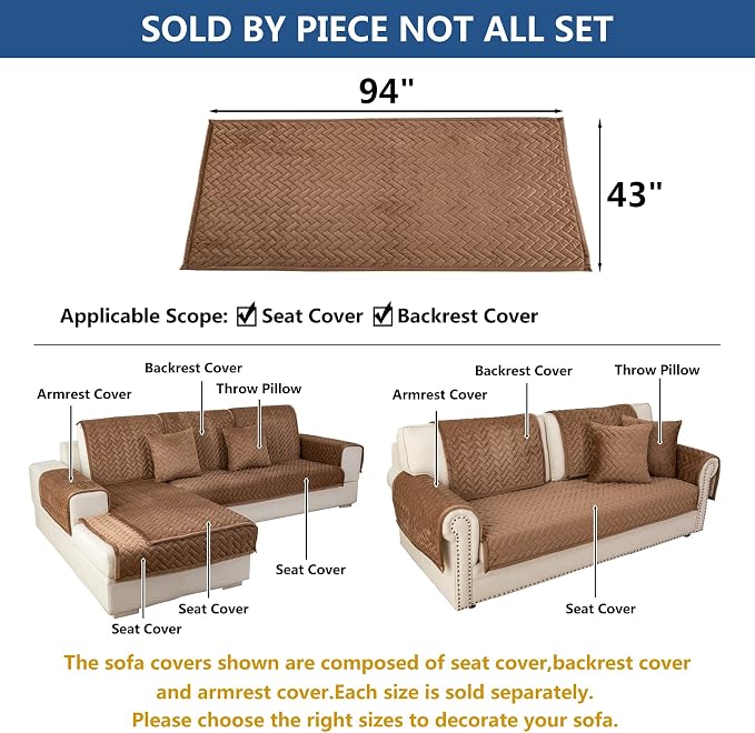 Eismodra Couch Cover,Sectional Couch Covers,Sofa Covers for 3 Cushion Couch,Anti-Slip Sofa Slipcovers for Dogs Cats Kids Loveseat Recliner L Shaped Armrest Backrest,Brown 43''x94''(Only 1 Piece) - Image 5