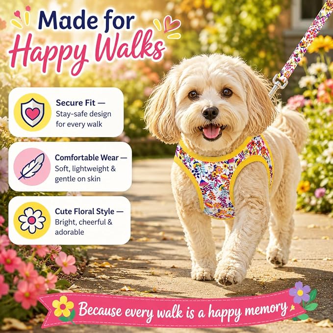 Step in Dog Harness Leash Set- All Weather Reflective No-Pull Floral Pattern Padded Mesh Vest Harness for Cats Puppy Extra-Small Small Medium Large Dogs - White Flower - XL - Image 4