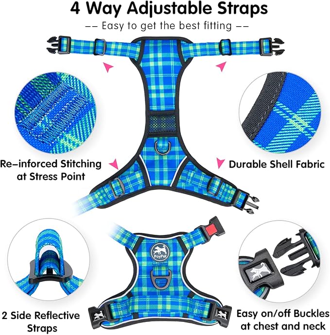 PoyPet Plaid Dog Harness Large, No Pull Vest with Front Clip & Neck Buckle | Padded Handle, Reflective, No Choke, Lockable, 2 Leash Rings, Full Adjustable, for Training Walking, XL, Checkered Blue&Green - Image 4