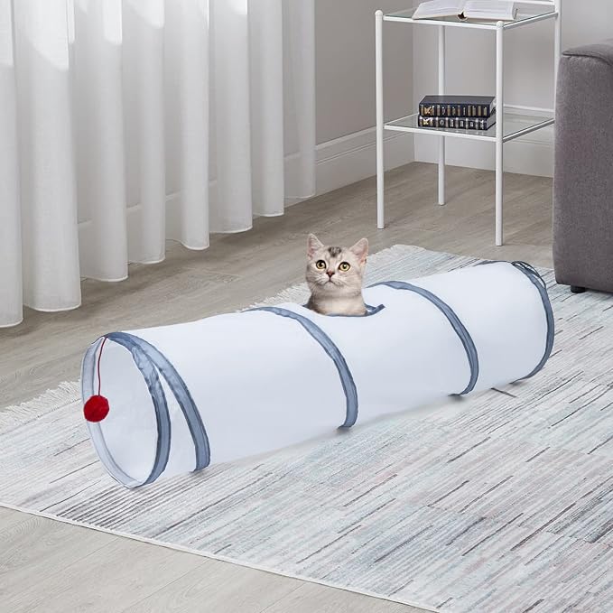Sheldamy Cat Tunnel, 2-Way Cat Tunnels for Indoor Cats, Collapsible Cat Play Tunnel, Interactive Toy Maze Cat House with 1 Play Ball for Cats, Puppy, Kitty, Kitten, Rabbit (White & Grey) - Image 7