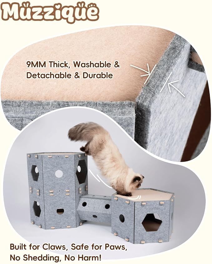 Thickened Felt Cat House, with Hair Brush, Large Cat Castle, Cat Tunnel Bed | Indoor Cats DIY Connectable Expandable Modular Pet Condo, Kitten Hideaway Play Cave, Enclosed Sturdy Multi Rabbit/Puppy Cube - Image 7