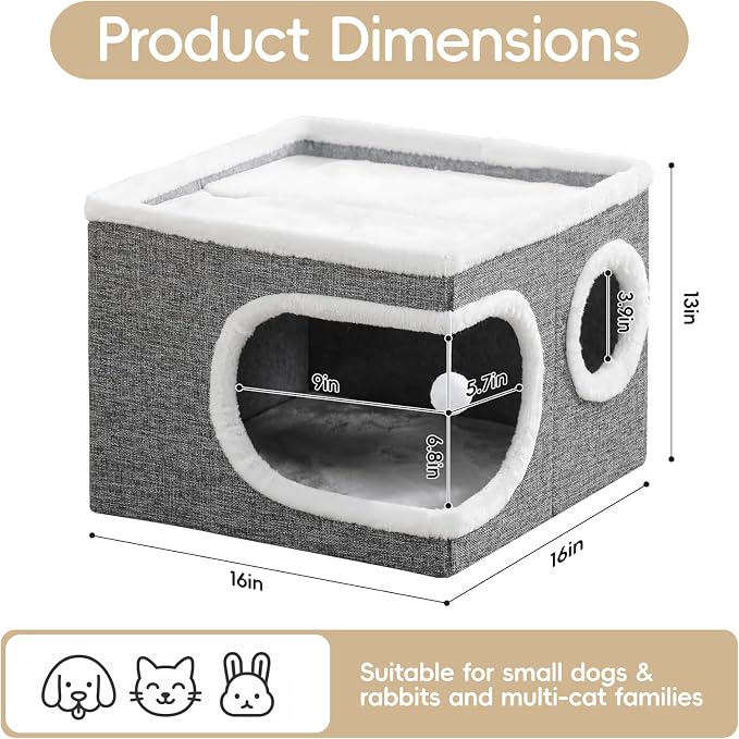 Cat Houses for Indoor Cats, Large Covered Cat Bed Cave, Grey, 16in | Foldable Kitten Bed House with Fluffy Ball and Scratch Pad, Large Cat Condo for Multiple Pets, Cat Hideaway, 16x16x13 inches - Image 4