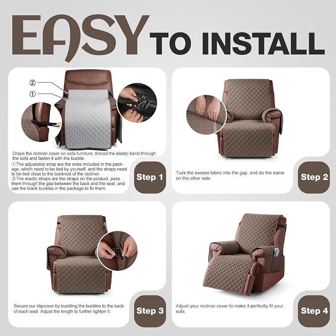 KinCam 100% Waterproof Recliner Chair Covers Washable, 28", Brown | Anti Slip Reclining Couch Covers for Pets Dog, Recliner Sofa Slipcover Storage Pocket, Furniture Protector with Elastic Strap - Image 7