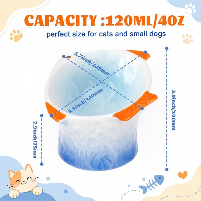 Tioncy 2 Pcs Raised Tilted Ceramic Cat Food Bowl Fish Shape Cute Elevated Slanted Shallow Angled Cat Dish Non Slip Feeder Bowl for Anti-Vomiting and Fatigue (Blue,Orange) - Image 2