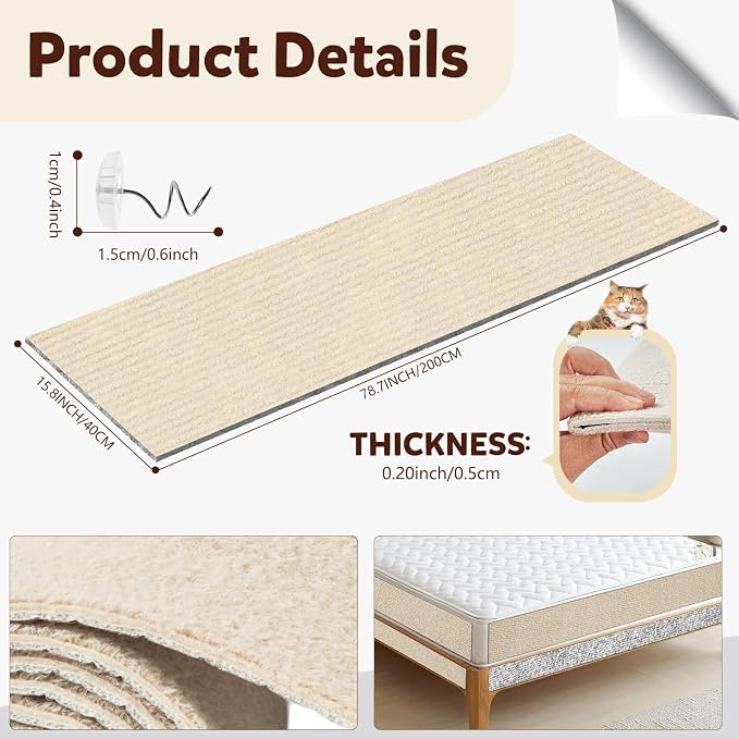 Cat Scratch Couch Furniture Protector,Trimmable Self-Adhesive Cats Claws Scratch Pads, Sisal DIY Climbing Couch Protector for Scratch Post Cat Tree Replacement Indoor(Khaki, 78.7"x15.8") - Image 7