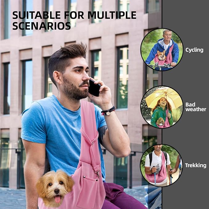ARZQUT Dog and Cats Carrier Sling, Small Pet Carrier with Storage Pocket | Reversible Puppy Sling Carrier, Safety Buckle, Storage bag, Machine Washable for Travel, Outdoor Activitie, Hand-Free, Pink - Image 2