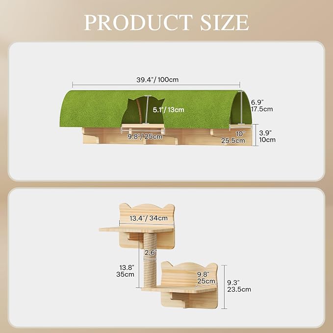 7-in-1 Cat Shelves for Wall, Cat Wall Furniture Set with Tunnel | Multi-Level Floating Cat Shelves for Space Saving, Solid Wood Cat Climbing System with Scratching Posts, Burlywood - Image 2